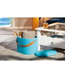 POUF AZZURRO CON CONTENITORE E MANIGLIA IN ECOPELLE, 42X30X36CM